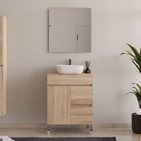Meuble de salle de bain 60cm sur pieds avec plateau et une cuve à poser arrondie - porte et tiroirs - cambrian (chêne clair) - HARO