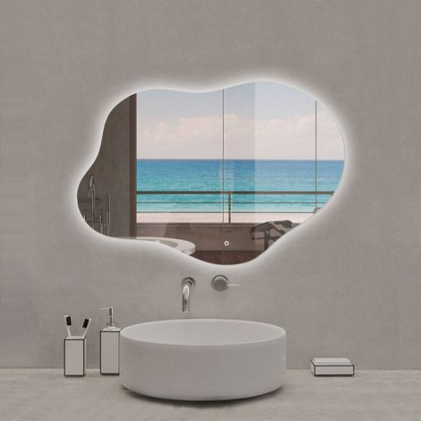 Acezanble Miroir salle de bain asymétrique 80 x 55 cm LED Éclairage réglable en 3 couleurs + anti-buée + fonction mémoire