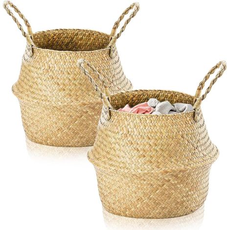 Lot de 2 Panier, Jonc de mer, Pliable, Poignée, Rotin, Salon, Chambre, Salle de bain (1/5)