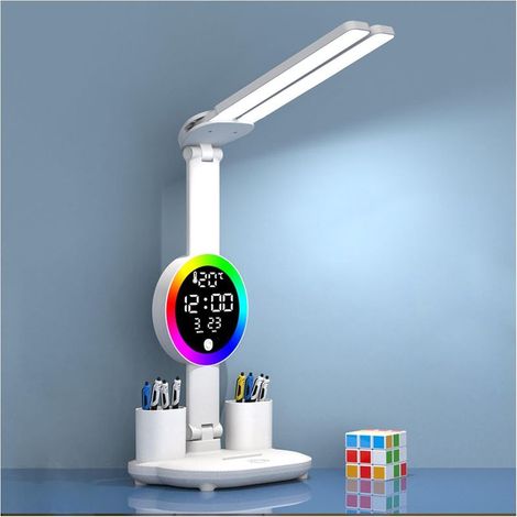 Lampe de bureau enfant avec horloge - LED sans fil à intensité variable - 3200 mAh - Porte-stylo - Écran LCD - Calendrier - Température - 3 couleurs de lumière - Lampe de bureau pour filles et [Classe (1/5)