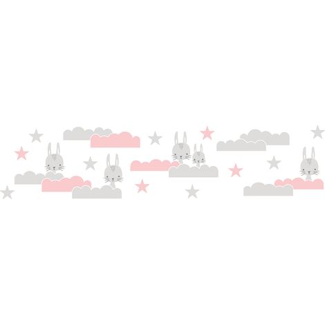 Frise murale pour chambre de bébé | Frise tapisserie pour chambre de fille | Frise tapisserie rose avec des lapins et des nuages - 5,00 x 0,155 m (1/5)