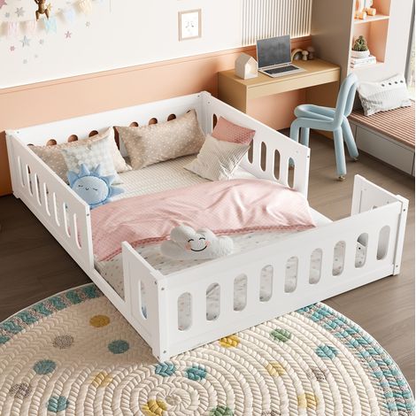 DESVIAE Lit plateforme enfant avec barrières semi fermées 140 x 200 cm blanc en bois massif et MDF Mano Mano (1/5)