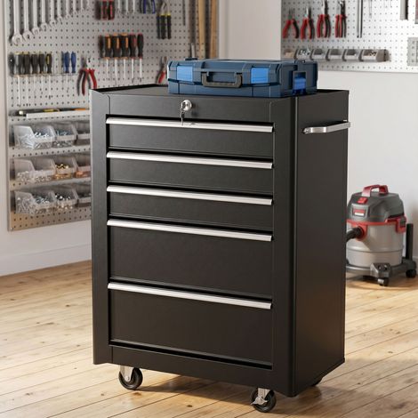 Coffre à outils roulant, 5 tiroirs, acier noir, armoire d'atelier mobile avec roulettes, rangement professionnel robuste (1/5)