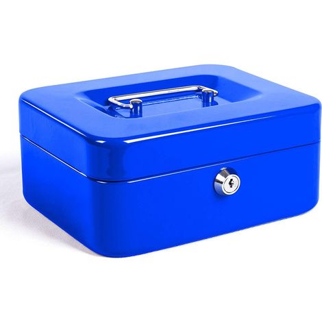 Caisse En Métal - 1 Unité - Acier Bleu - Serrure À Clé Double - Pour Commerce Et Épargne - 15x12,5x7,6cm (1/5)
