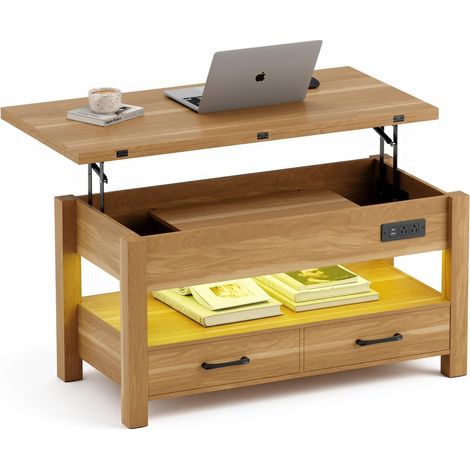 Table Basse Relevable pour Salon, 4 en 1 Multifonction Moderne avec Tiroirs De Rangement, Table Basse en Bois Style Ferme, Naturel (1/5)