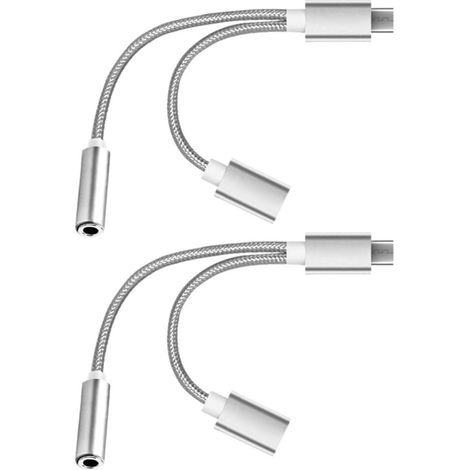 2 Pièces Adaptateur USB-c vers Jack 3,5mm et Charge Type-c, Adaptateur Audio Type-c, Alliage D'aluminium et Nylon, Argenté, Lot, Design Simple, Rangement Facile (1/5)