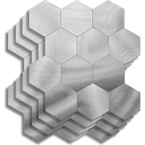 Crédence Adhésive Cuisine, Salle de Bain, Hexa, Chrome, 4 Pièces, 25 x 23,2 cm, Crédence Épaisse, 3D, Carrelage Adhésif Mural, Lavable, Imperméable (1/5)
