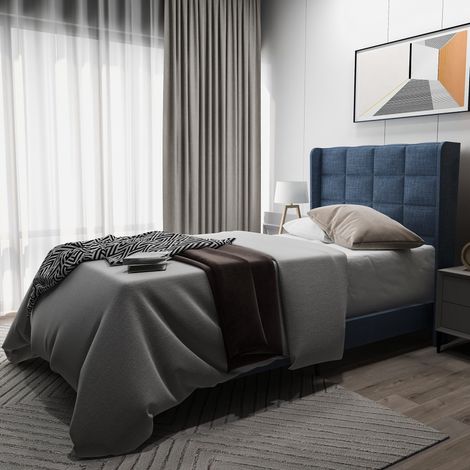 Letto imbottito dal design moderno con testiera imbottita letto singolo con rete a doghe, 90x200 cm, in lino blu, semirigido (senza materasso) OKWISH (1/5)