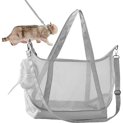 Sac de transport pour chat avec fenêtre, sac de voyage en maille respirante pour chats et petits chiens, bandoulière, laisse de sécurité et espace confortable, gris (1/5)