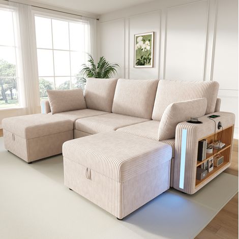 Canapé modulaire U/L 5-6 places, 2 poufs coffre, LED, USB/Type-C, beige HAVRYA (1/5)