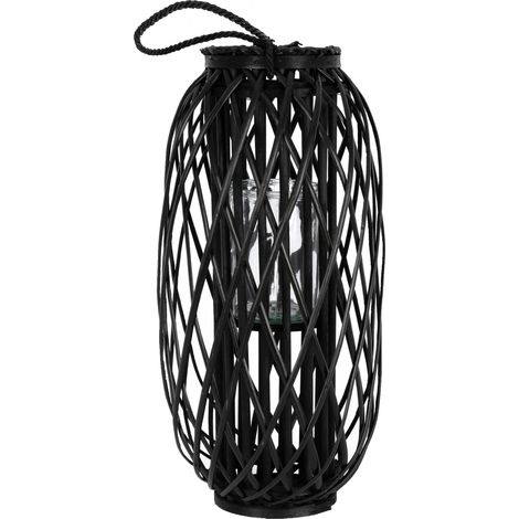 ECD Germany Lanterne Rotin 60 x Ø 27 cm Poignée Bois Naturel Noir Aspect Vannerie Osier Lanterne Insert Porte-Bougie en Verre Décoration Rétro en Vannerie Panier Chandelier Jardin Tressée Extérieur (1/5)