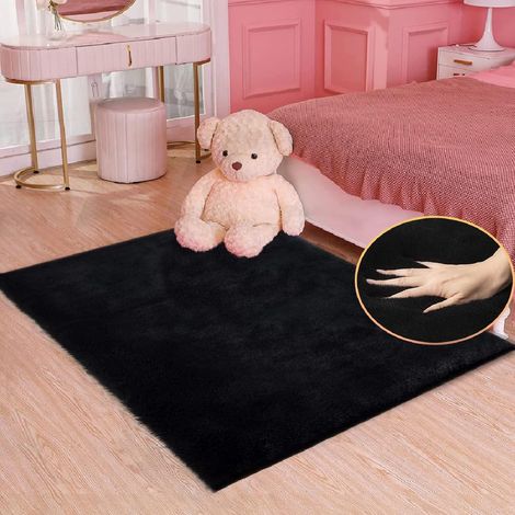 Tappeto per camera da letto, lavabile, nero, soffice, 80 x 160 cm, tappeto da letto, tappeto di pelliccia, pelliccia sintetica, tappeto a pelo corto, morbido, soggiorno, tappeto per bambini, decorazio (1/5)