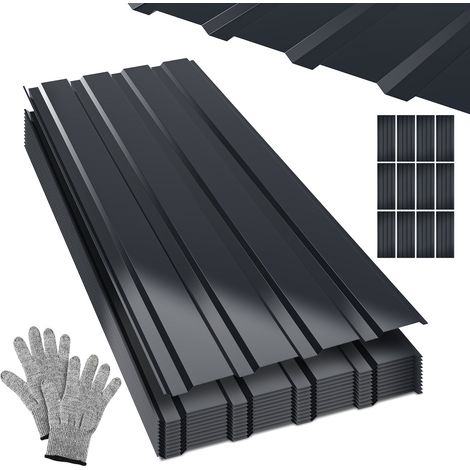 Randaco Kit de toiture en tôle ondulée, 12 panneaux 129 x 46 cm, tôle profilée, anthracite, pour dépendance et poulailler (1/5)