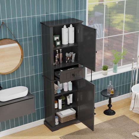 Armadio da bagno con 2 Ante, 1 Cassetto e Ripiani Regolabili, in MDF, Nero, 56 × 28 × 167.3 cm (1/5)
