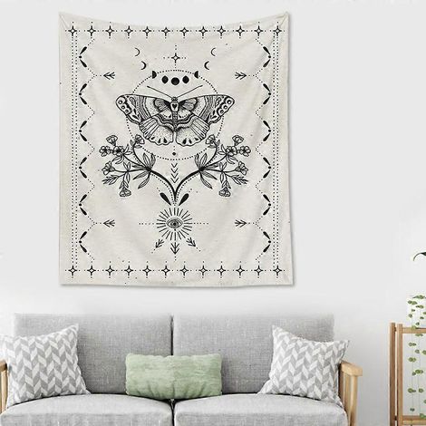Tapisserie murale Mandala Grande Vague avec coucher de soleil, tapisserie océan en noir et blanc, tenture murale pour salon ou chambre - Versailles (M/130x (1/5)