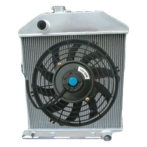 Radiador de aluminio + ventilador, dimensiones del núcleo: 19-1/8" x 19-1/2" x 2", dimensiones totales: 26-1/2" x 23-3/4" x 3-1/8", entrada superior: 1 1/2", salida inferior: 1 3/4", enfriador de tran (1/5)