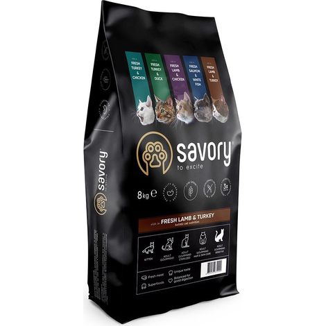 Savory Premium Trockenfutter für ausgewachsene Katzen, Lamm- und Putengeschmack, 8 kg (1/3)