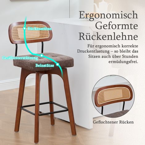 Set di 2 sgabelli da bar girevoli a 360°, sgabelli da cucina e da bar per la colazione con schienale, schienale in rattan con seduta imbottita, sgabelli da bar in stile moderno di metà secolo (marrone (1/5)