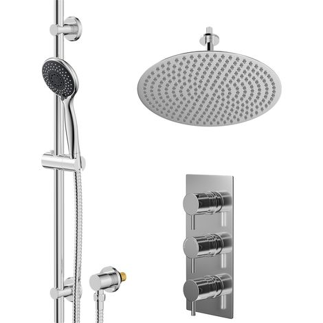 Wholesale Domestic Circo Polished Chrome Concealed Triple Thermostatic Shower Valve and 400mm Thin Round Fixed Head with 150mm Ceiling Arm and Clyde Slide Rail Kit with Round Elbow - 2 Outlet (1/5)