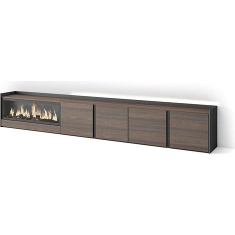 Mueble TV Antequera-02 de 315x50x35 cm con chimenea eléctrica y luces LED, color roble oscuro y negro (1/4)