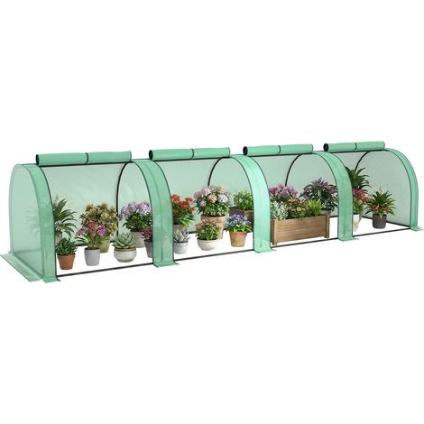 Serre tunnel de jardin 395x100x80 cm, structure en acier, bâche imperméable anti-UV verte avec 4 portes zippées (1/5)