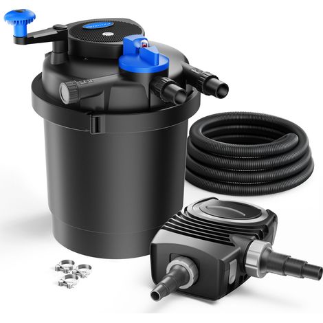 SunSun Komplettset: CPF-2500 Teichdruckfilter bis 6000 L mit 11 Watt UV-C Teichklärer, NEO-2800 SuperECO Teichpumpe 3000l/h 10W, 5m Teichschlauch 32 mm (1 1/4"), Schlauchschellen W1 44-47mm (1/5)