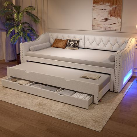 Letto bambini 90x200 cm con letto aggiuntivo 90x200 cm, illuminazione LED, cassetti e rete a doghe, in MDF, senza materasso, beige (1/5)