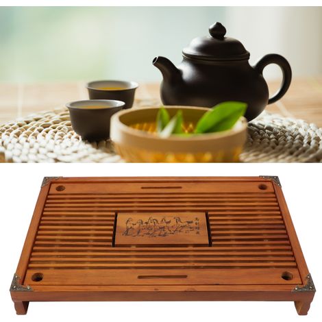 Kung-Fu-Teetablett mit Reitermotiv, mit Abtropfschale, verschiebbarem Teetablett mit Wasserablauf- und Aufbewahrungssystem, orangefarbener Teetisch (1/5)