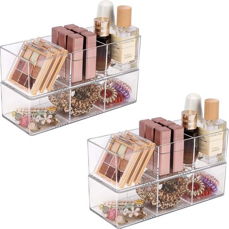 Organizador acrílico, juego de 4 organizadores de maquillaje transparentes para tocador, encimera, baño, 3 compartimentos. (1/4)
