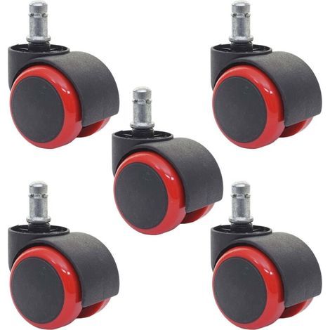 Set di 5 rotelle girevoli per sedia, 50 mm, in plastica poliuretanica rossa. (1/5)