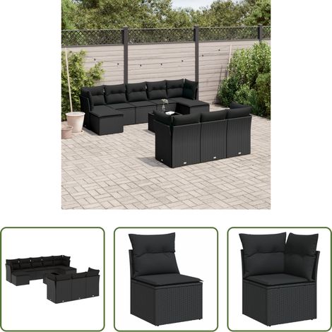 Gartenmöbel - 11-tlg. Garten-Sofagarnitur mit Kissen Schwarz Poly Rattan (1/5)