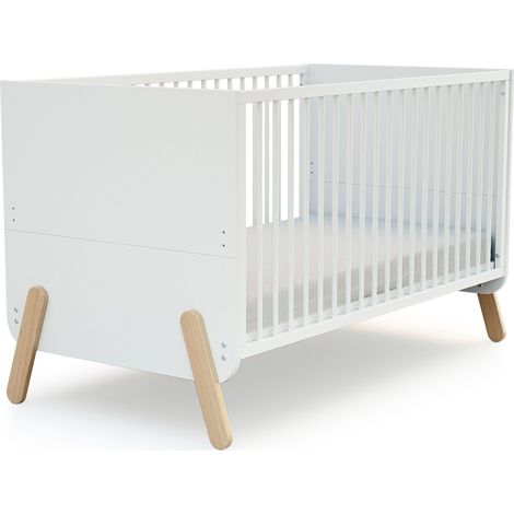 Lit bébé évolutif 70 x 140 cm en bois hêtre massif – Côtés escamotables pour autonomie – Sommier à lattes réglables 2 hauteurs – Coloris blanc – AT4 (1/5)