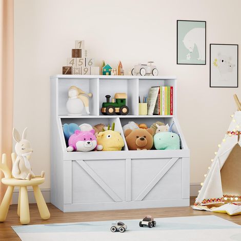 Bibliothèque Enfant en Escalier avec Bacs de Rangement, Meuble Livres et Jouets en MDF, Gris clair (1/5)
