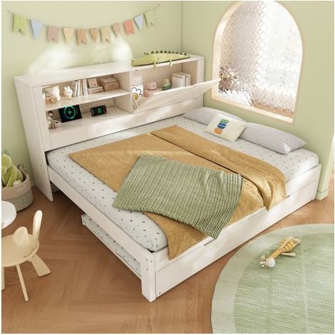 Lit gigogne avec rangement 140x190 cm - Tête de lit ports USB Type-C - Lit Gigogne - Sommier à lattes inclus Cadre Blanc (1/5)