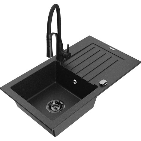 Mexen Pablo 1 Becken-Granitspüle mit Abtropffläche und Mischbatterie Aster, Schwarz/Silbermetallic - 6510-73-73450-70-B (1/5)