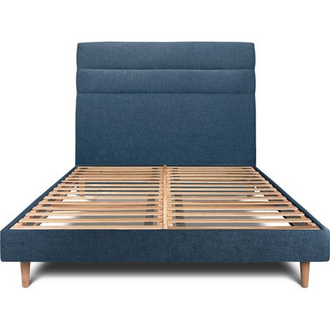 Lit 150x190cm avec tête de lit lignes tissu et sommier kit Bleu - Hauteur totale : 29cm (1/5)