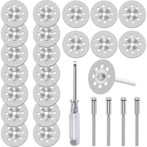 Lot de 20 Disques de Coupe Diamantés (22 mm) pour Outil Rotatif, Mini Disques à Tronçonner Revêtus de Diamant, Avec 4 Mandrins de 3 mm et Tournevis, pour Verre, Pierre, Carrelage (1/5)