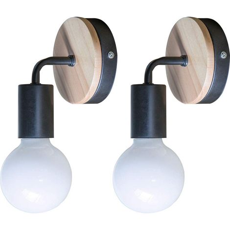 2PC Wandleuchte Innen Vintage Wandlampe Lampe aus Holz Metall E27 für Flur Wohnzimmer Schlafzimmer Esszimmer (Schwarz)