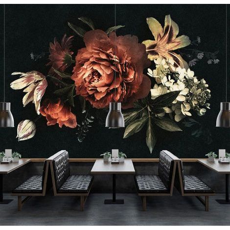Papier peint panoramique fleuri sur fond noir Tapisserie panoramique fleurs de lys et roses Papier peint panoramique moderne pour salon (1/3)