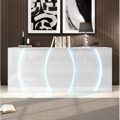 Aparador de aglomerado blanco 150 x 40 x 70 cm, 3 puertas, baldas regulables y LED (1/5)