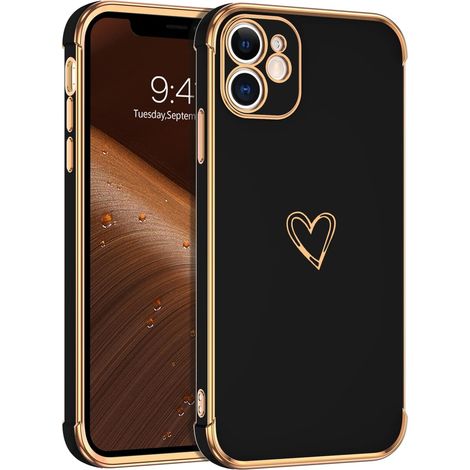 CUSTODIA IN SILICONE PER APPLE IPHONE 12 NERO CUORE DORATO GLAMOUR A2172 (1/5)