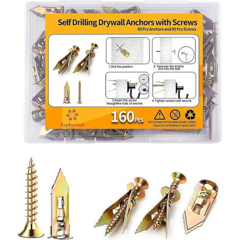 Kit de chevilles autoperceuses pour plaques de plâtre avec vis : 80 chevilles (12 x 3 cm) + 80 vis sans pré-perçage nécessaire (1/4)