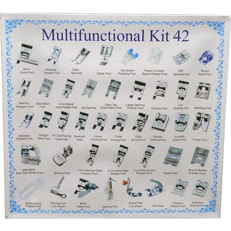 Pied-de-biche multifonctionnel pour machine à coudre domestique, accessoire de couture multifonctionnel, 42 types, ensemble de 11 pieds-de-biche combinés, kit de couture de 42 pièces (version anglaise (1/2)