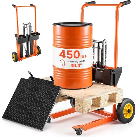 Gerbeur Manuel 205 kg Gerbeur Hydraulique Hauteur de Levage Maximale 1 m Transpalette avec Fourches Ajustables Chariot Élévateur Palettes avec Plateforme, Pliable et Portable, Orange et Noir (1/5)