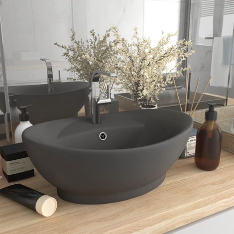 Lavabo de luxe avec trop-plein, gris foncé mat, 58,5 x 39 cm, céramique