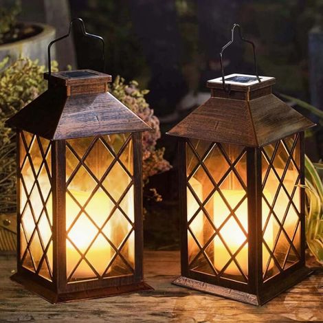Lanterne solaire à LED - Éclairage d'extérieur à économie d'énergie, lumière clignotante jaune - Pour jardin ou terrasse - À suspendre sans verre - Lot de 2 - Cuivre rouge (1/5)