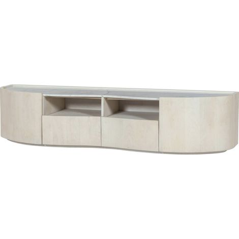 Meuble tv design arrondi en bois de manguier et marbre naturel - Bois clair naturel et marbre blanc (1/3)