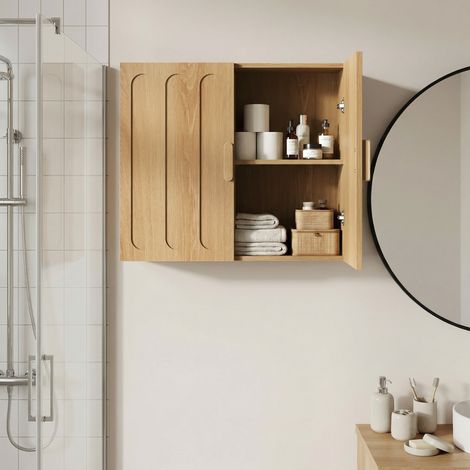 Armoire de salle de bain murale 60x20x52 cm chene en MDF avec etageres reglables et double porte (1/5)
