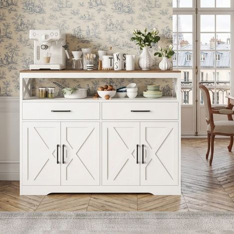 Buffet cuisine, meuble de rangement avec 2 tiroirs et 4 portes, étagère réglable, buffet salle a manger pour cuisine, salon, 140x40x105 cm, blanc (1/5)
