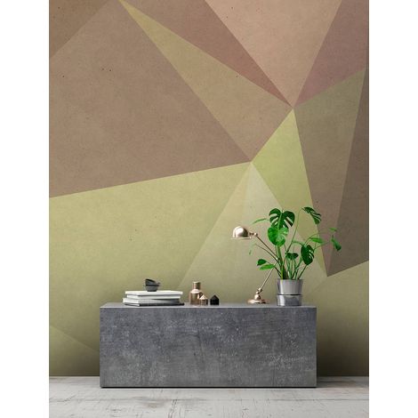 Papier peint panoramique géométrique marron & beige | Tapisserie panoramique moderne motif triangle | Papier peint panoramique pour bureau & salon - 270 x 400 cm (4 pièces) (1/5)